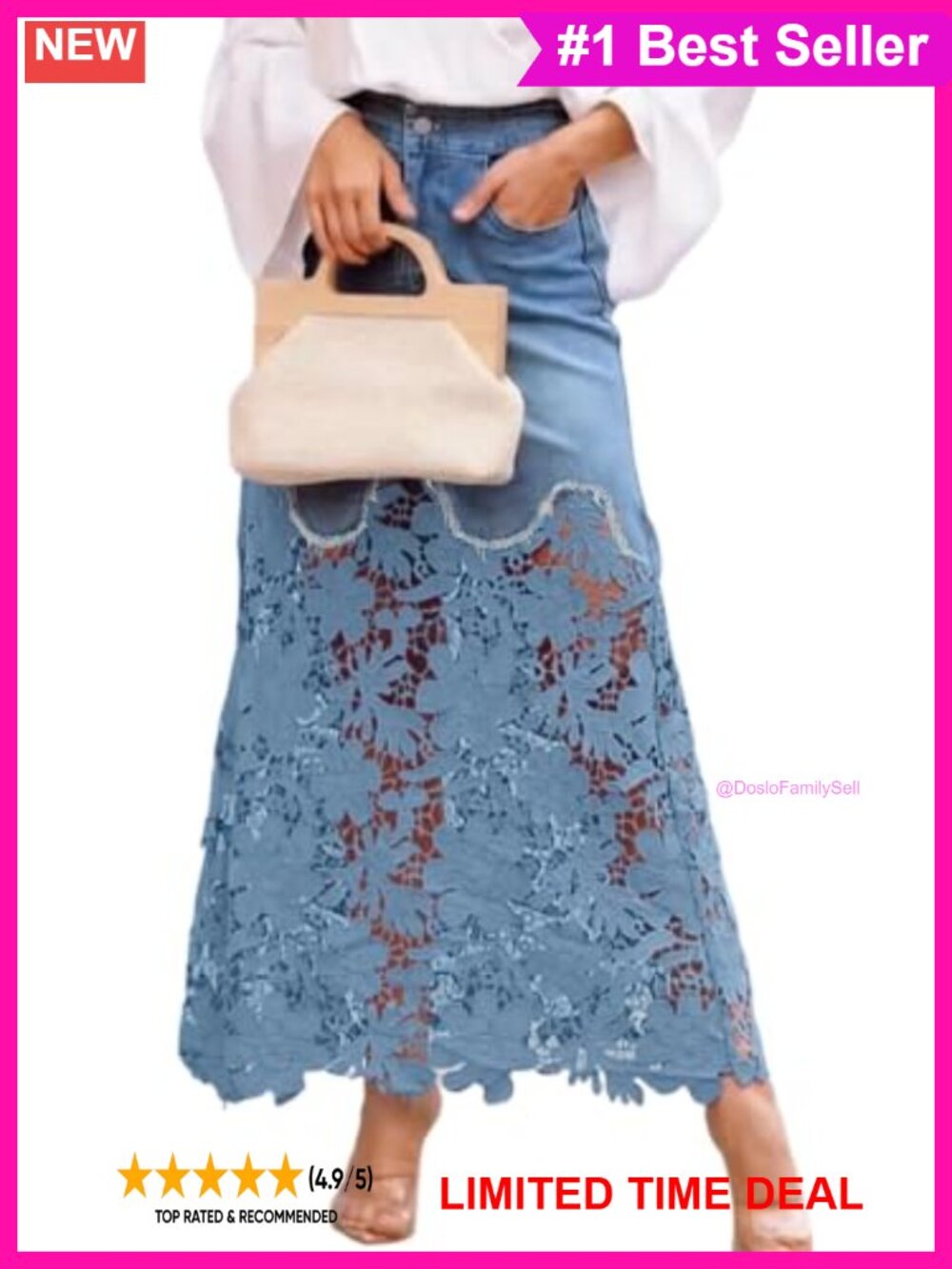 Lace Eyelet Patchwork Denim Maxi Skirt High Rise Floral Mesh Sheer Pockets